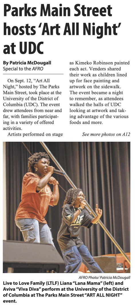 AFRO newspaper coverage of Live to Love Family performing at The Parks Main Street Art All Night event at UDC.